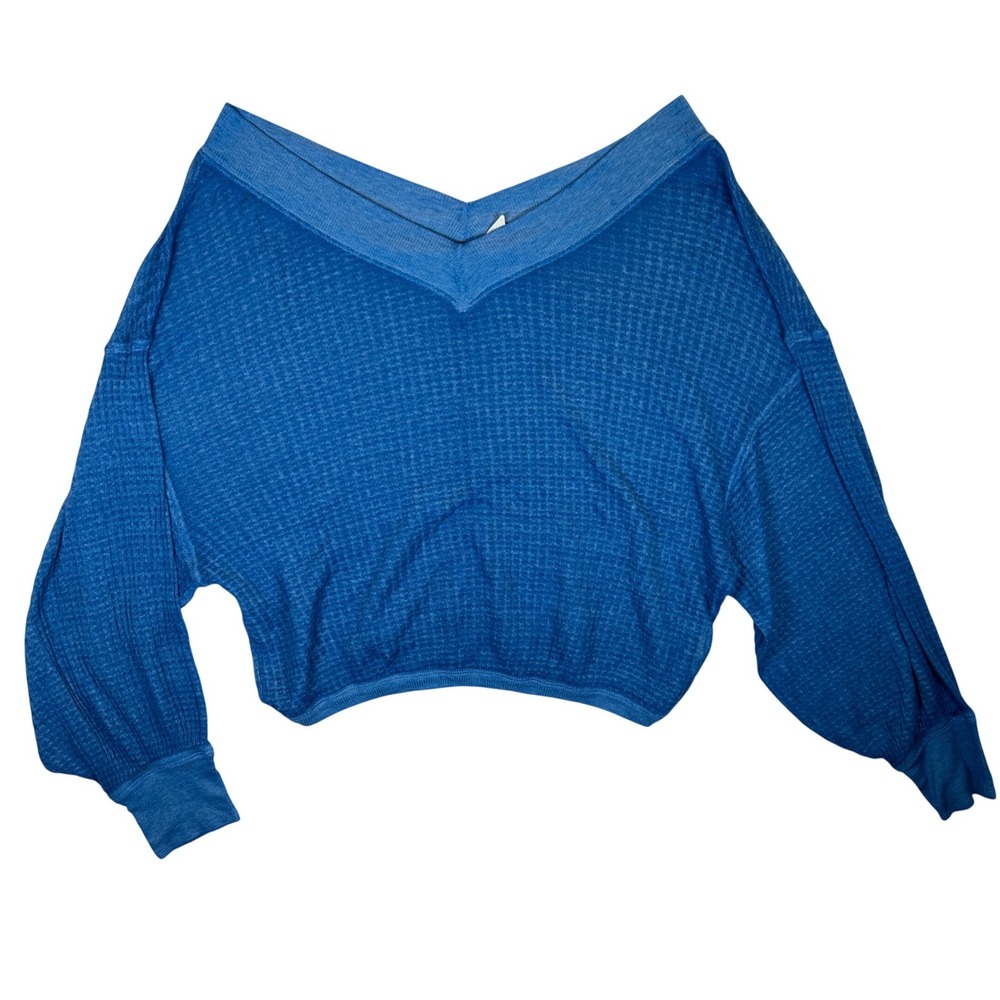 We The Free‎ Free People Blue Waffle Knit V-Neck Cropped Pullover Top Small